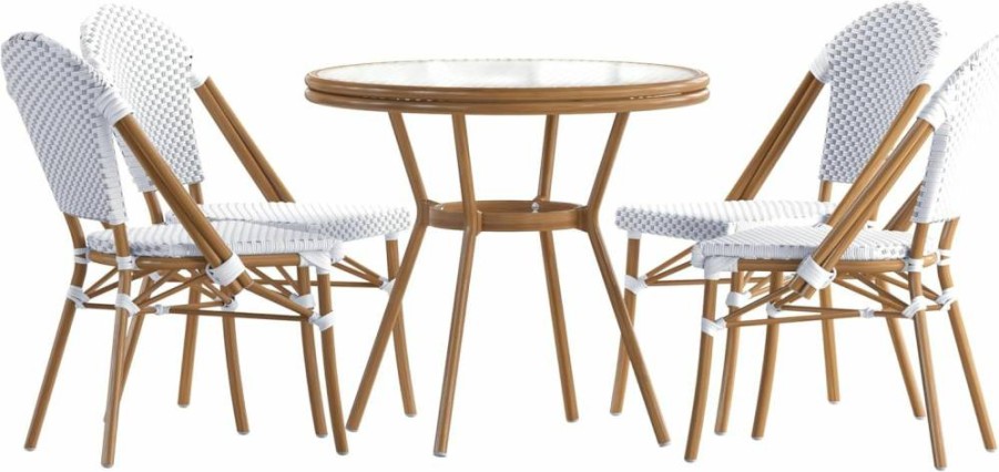 Flash Furniture White/Gray Lourdes Bistro Set - 4-Piece Indoor/Outdoor Dining Set with Tempered Glass Table, PE Rattan Chairs & Bamboo-Print Aluminum Frame