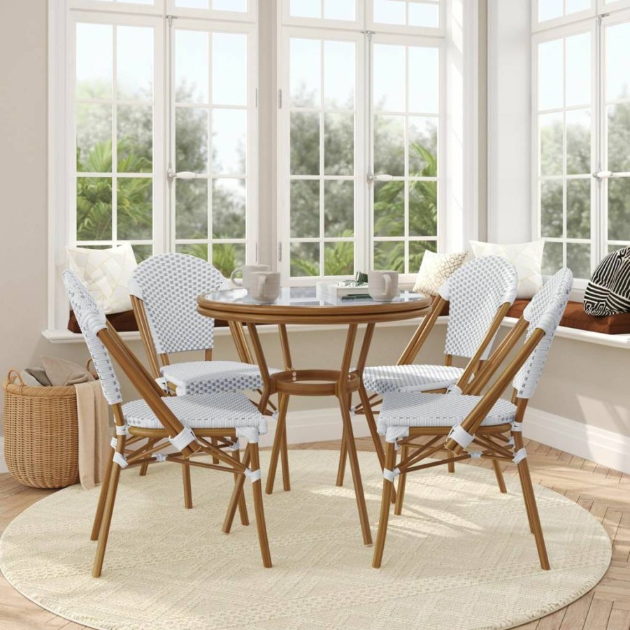 Flash Furniture White/Gray Lourdes Bistro Set - 4-Piece Indoor/Outdoor Dining Set with Tempered Glass Table, PE Rattan Chairs & Bamboo-Print Aluminum Frame
