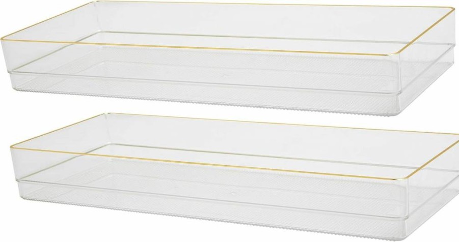 Martha Stewart Stackable Desk Drawer Organizers, 8-Pack Plastic Storage Bins with Gold Trim, 9" x 3" Office Supplies for Home & Workspace