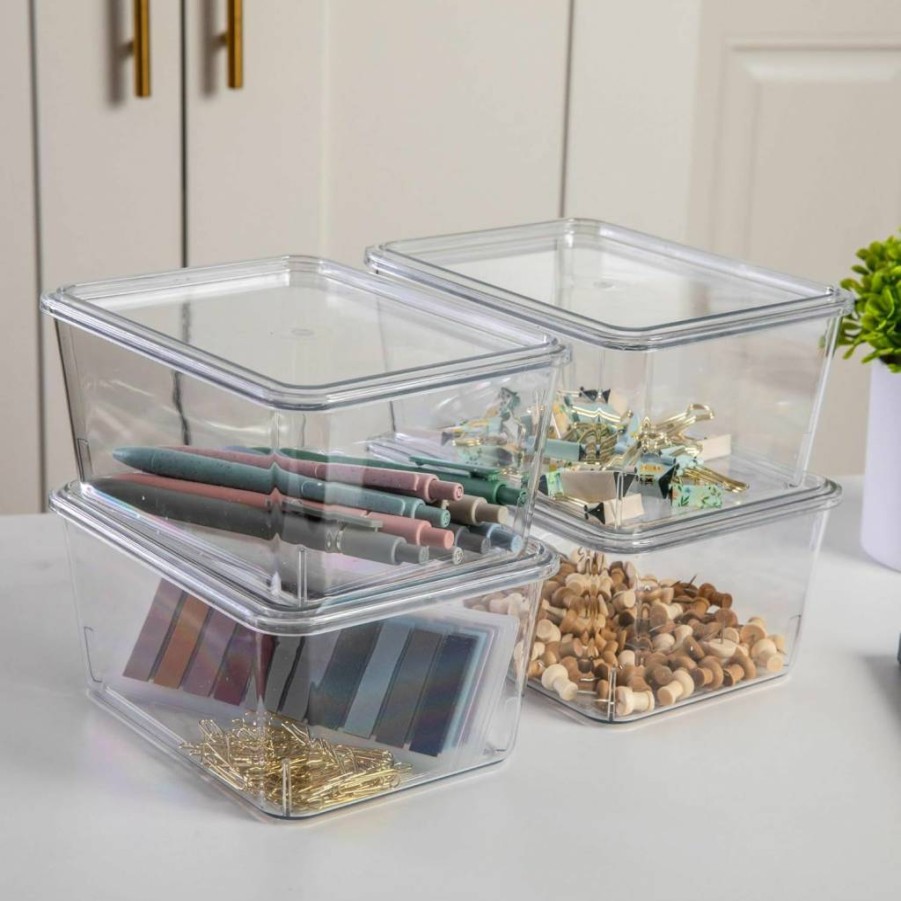 Martha Stewart 4-Pack Clear Plastic Storage Bins with Lids - 6.75" x 5" Organizer Containers for Home, Office, Kitchen & Bathroom Organization