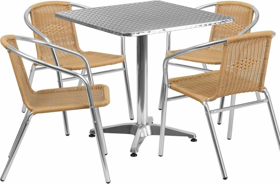 Flash Furniture Lila 27.5" Square Aluminum Patio Dining Set with 4 Dark Brown Wicker Chairs for Indoor and Outdoor Use