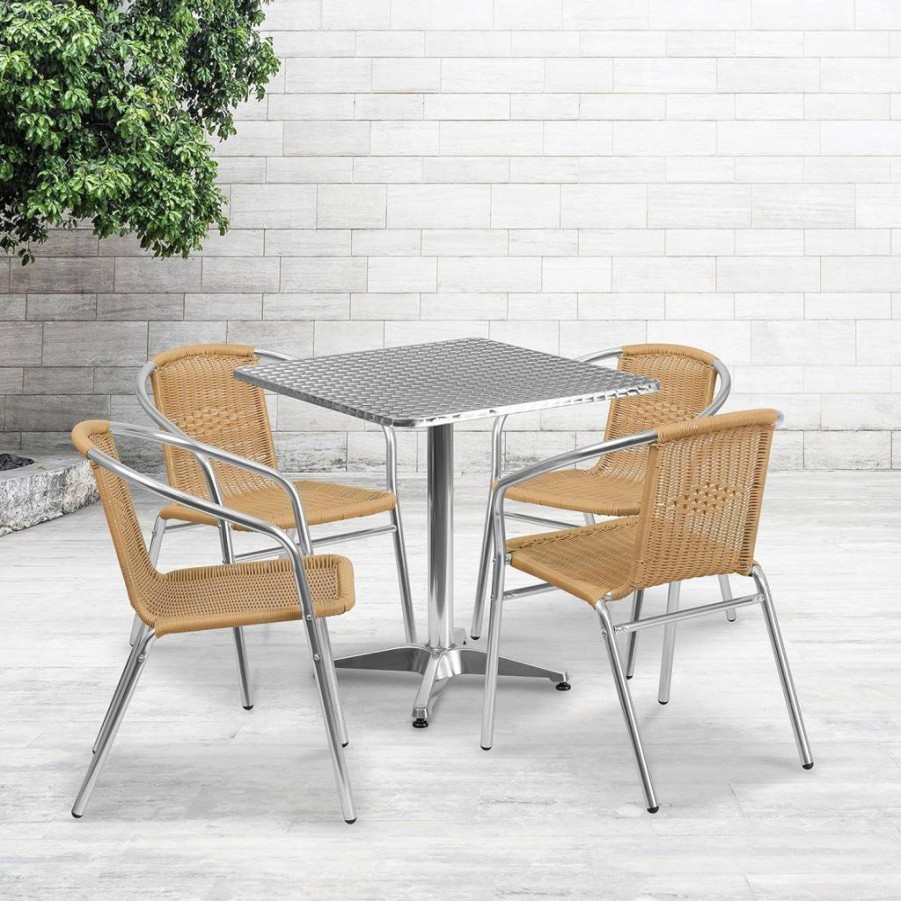 Flash Furniture Lila 27.5" Square Aluminum Patio Dining Set with 4 Dark Brown Wicker Chairs for Indoor and Outdoor Use