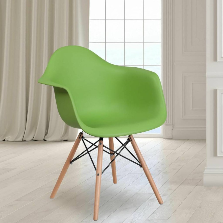 Flash Furniture Alonza Series Moss Gray Plastic Seat Chair with Solid Wood Legs, Comfortable & Stylish Dining or Office Chair