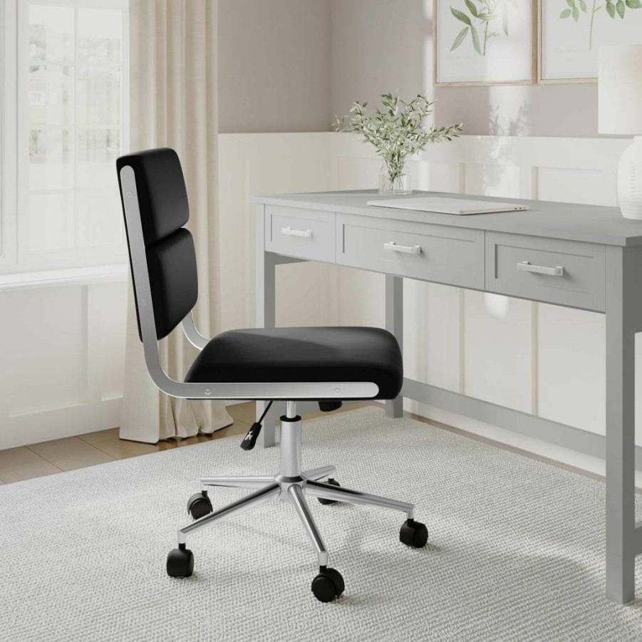 Martha Stewart Lulu Swivel Home Office Chair - Adjustable Height, Saddle Brown Faux Leather, Oil Rubbed Bronze Frame