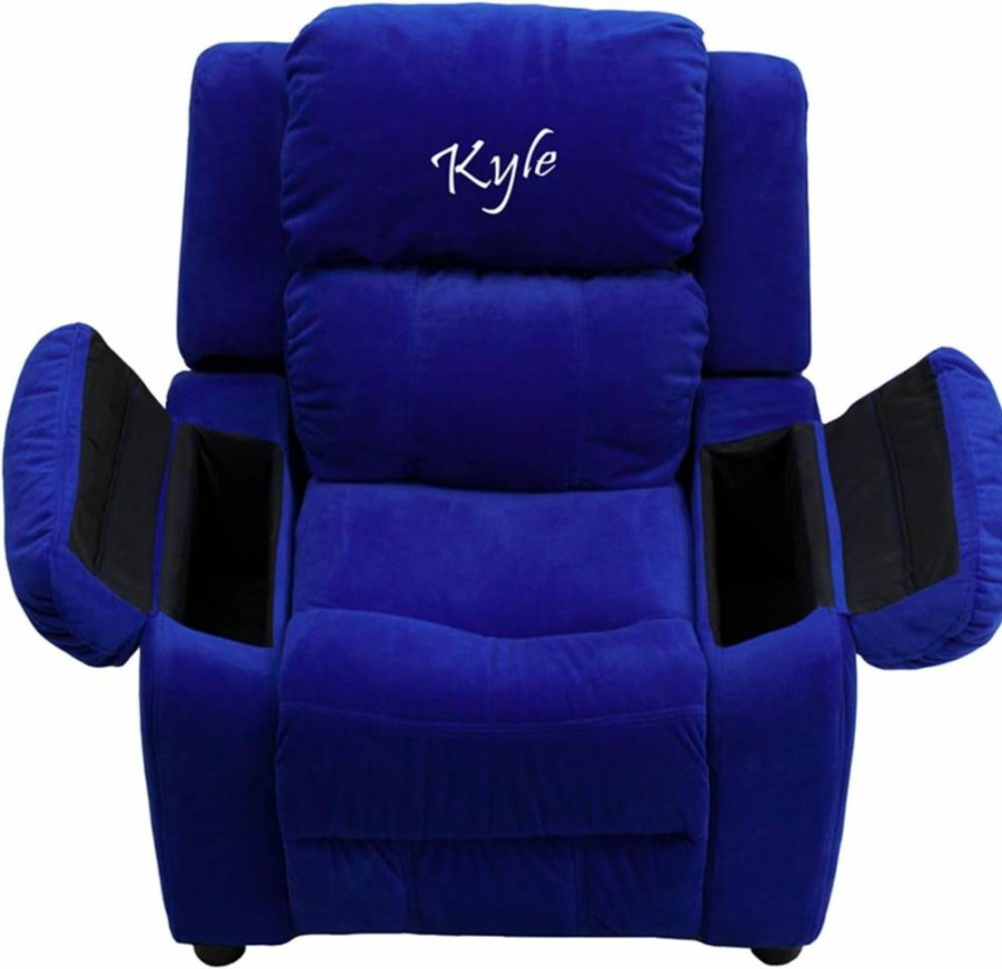 Flash Furniture BT-7985 Kids Blue Microfiber Recliner Chair with Storage Arms - Personalized Deluxe Padded Seat for Children