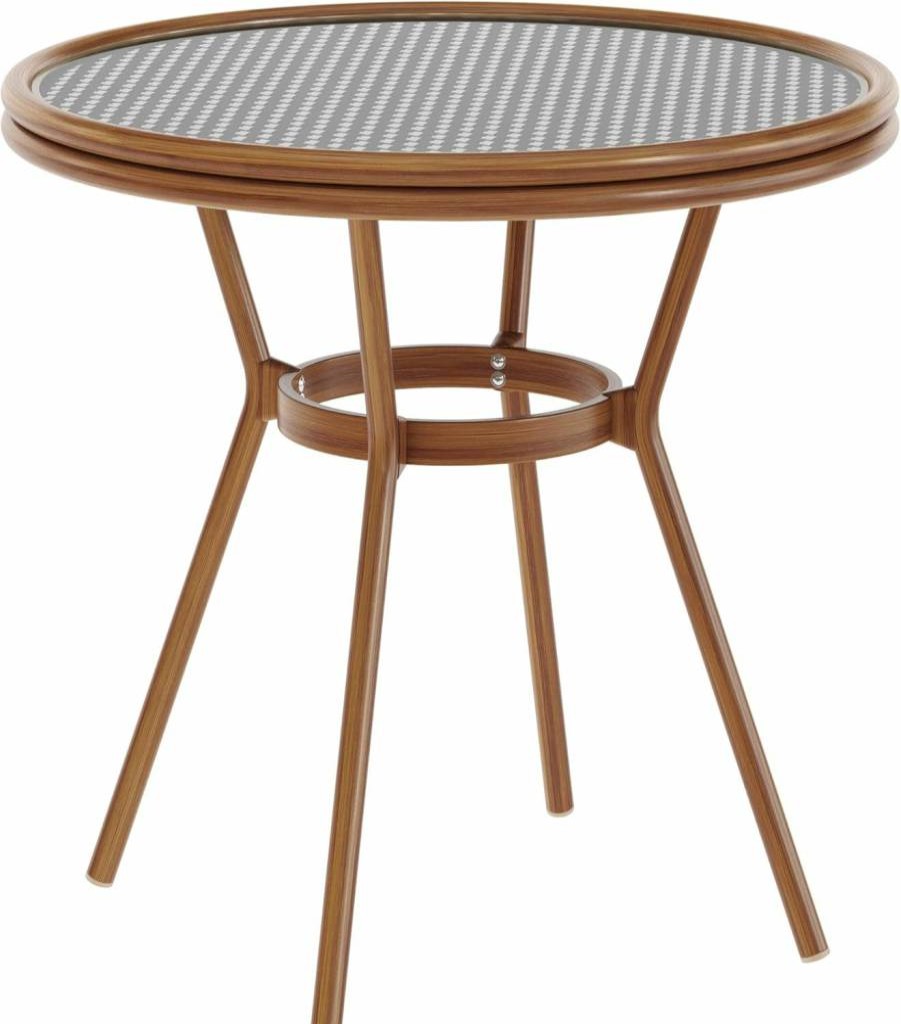 Flash Furniture 31.5" White/Navy Lourdes Bistro Table with Tempered Glass Top & PE Rattan - Indoor/Outdoor Commercial Use