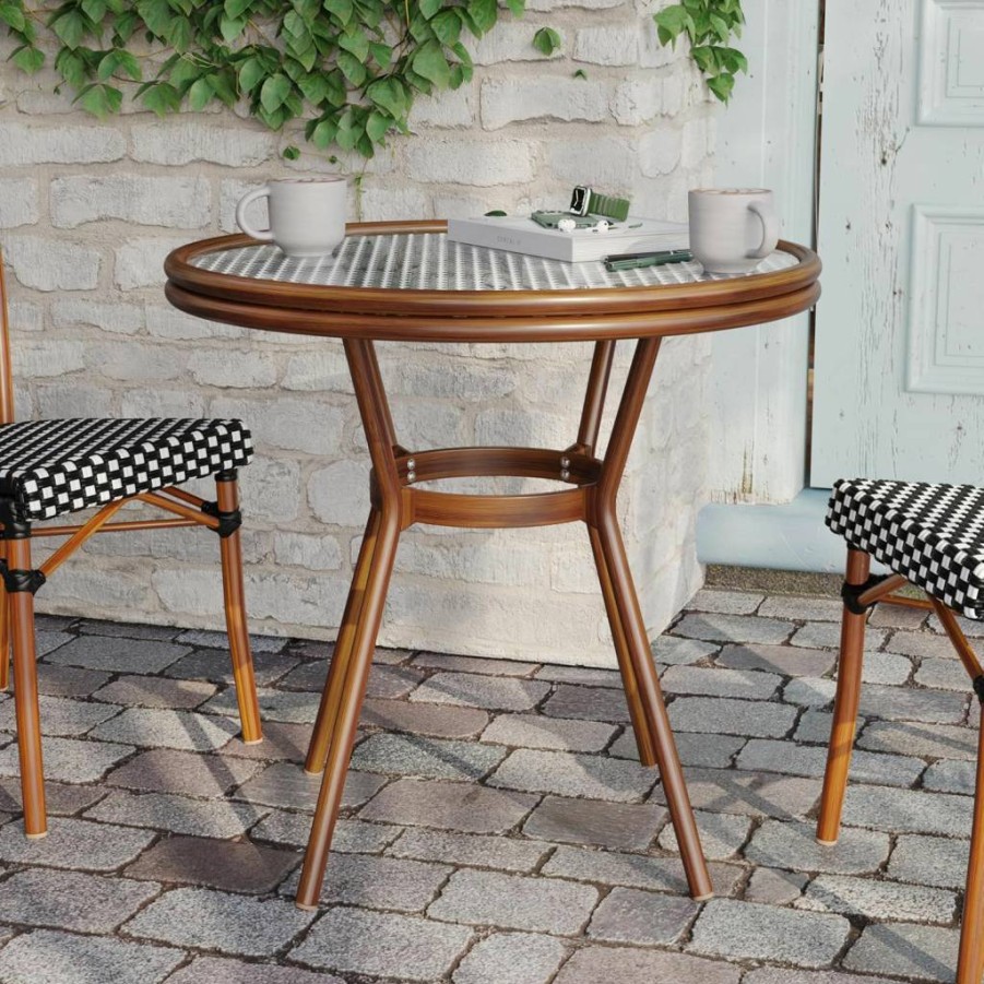 Flash Furniture 31.5" White/Navy Lourdes Bistro Table with Tempered Glass Top & PE Rattan - Indoor/Outdoor Commercial Use