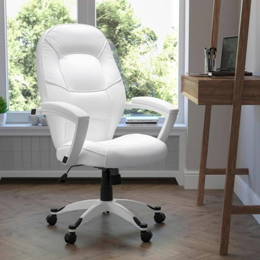 Flash Furniture Quincey White Leathersoft Executive Office Chair - Mid-Back Swivel Design with Tapered Back & Arms, White Base