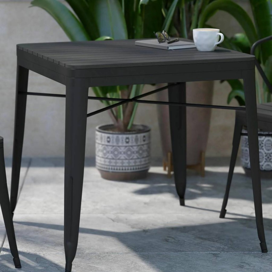 Flash Furniture 31.5" Square Black Poly Resin Patio Dining Table - Commercial Indoor Outdoor Use - Steel Frame - Seats 4