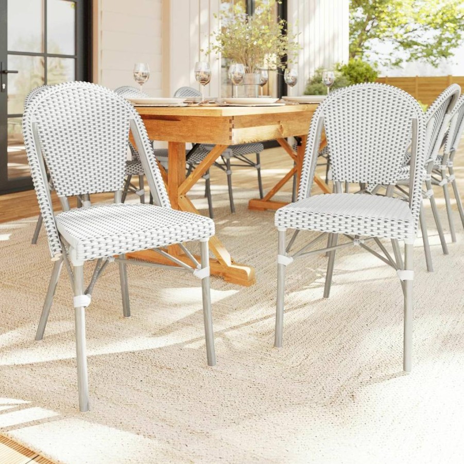 Martha Stewart Stackable Bistro Chairs Set of 2 - White/Navy Woven Rattan, Indoor-Outdoor Aluminum Frame with Woodgrain Finish