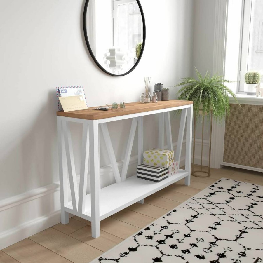 Flash Furniture Charlotte Farmhouse 2-Tier Console Table - Warm Oak Wood Frame & Concrete Top - Entryway or Living Room Accent Table