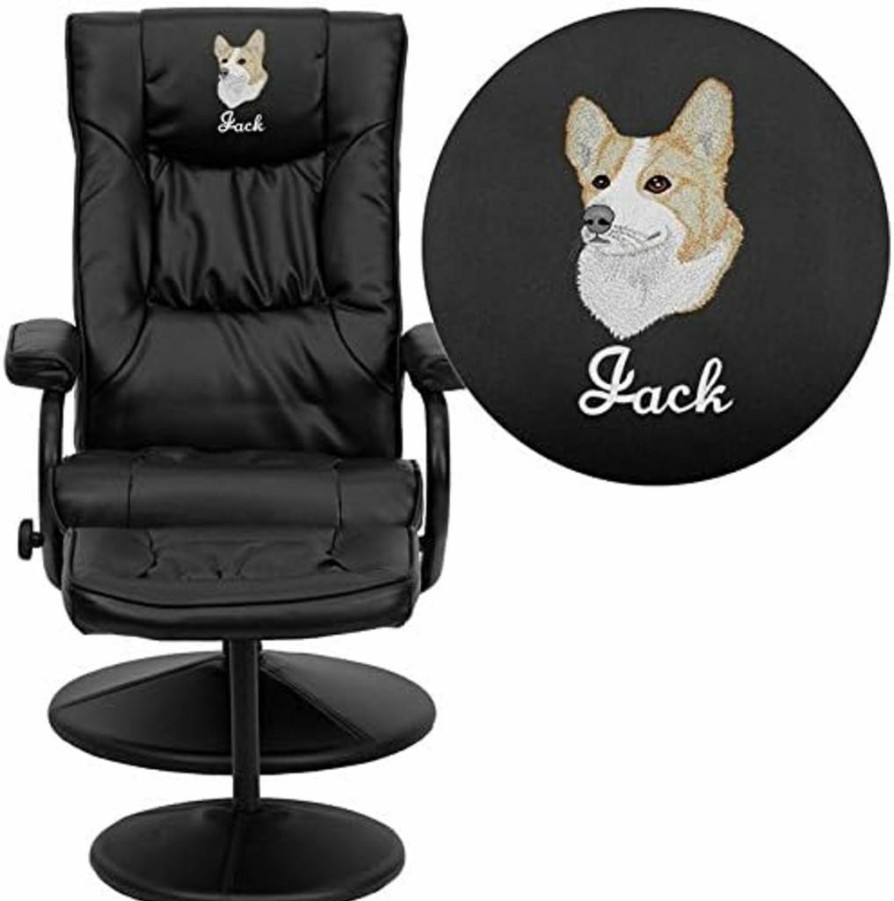 Flash Furniture BT-7862-BK Black LeatherSoft Multi-Position Recliner with Ottoman, Contemporary Embroidered Design, Wrapped Base