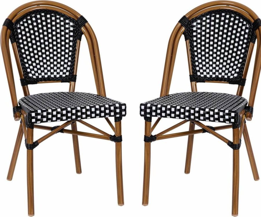Flash Furniture 2-Pack Bordeaux Stackable Bistro Chairs for Indoor/Outdoor Use - Navy/White PE Rattan with Bamboo-Print Aluminum Frame - Commercial Grade