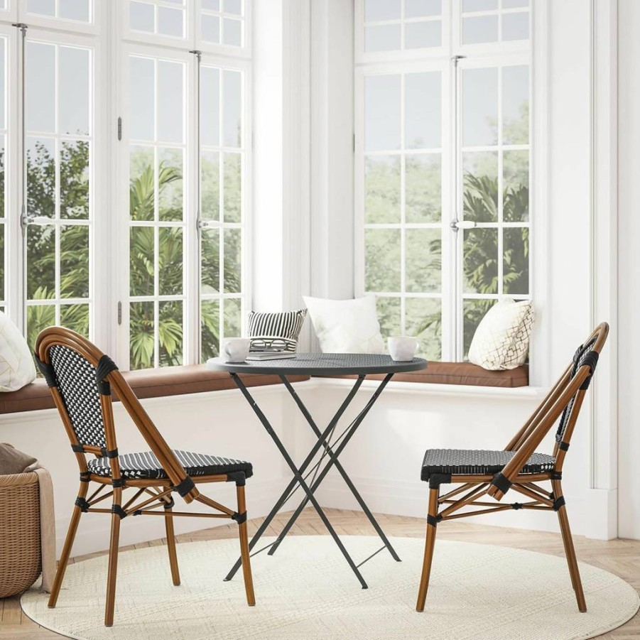 Flash Furniture 2-Pack Bordeaux Stackable Bistro Chairs for Indoor/Outdoor Use - Navy/White PE Rattan with Bamboo-Print Aluminum Frame - Commercial Grade