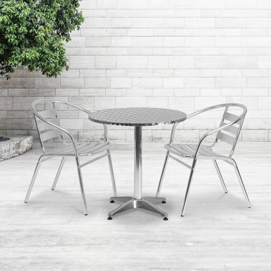Flash Furniture Lila 27.5-Inch Round Aluminum Patio Dining Set with 2 Slat Back Chairs for Indoor and Outdoor Use