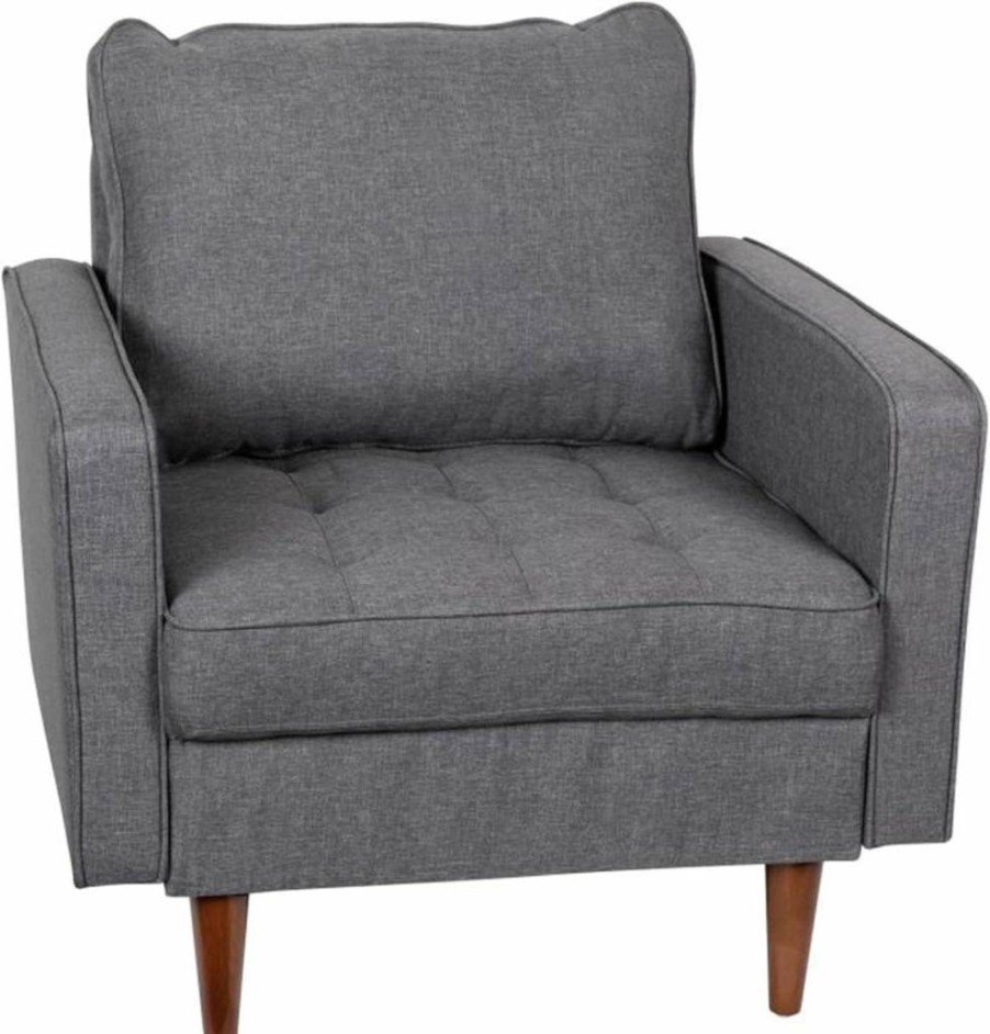 Flash Furniture Mid-Century Modern Chair - Dark Gray Faux Linen Upholstery, Buttonless Tufted Seat, Solid Wood Legs - Commercial Use