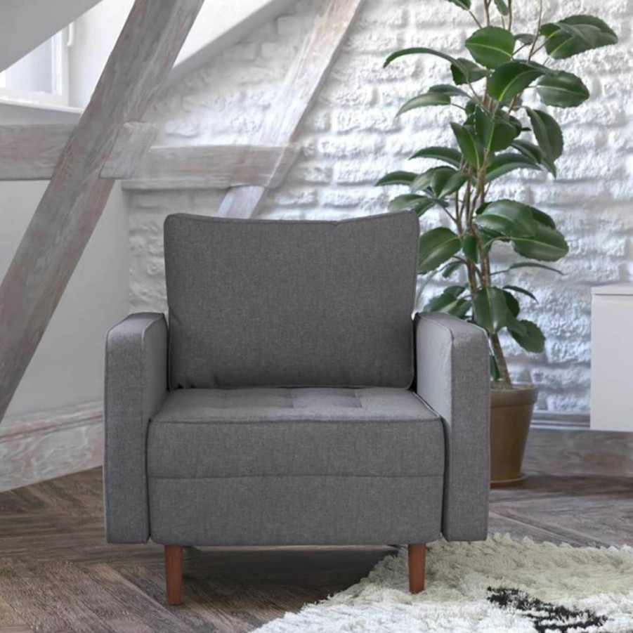 Flash Furniture Mid-Century Modern Chair - Dark Gray Faux Linen Upholstery, Buttonless Tufted Seat, Solid Wood Legs - Commercial Use