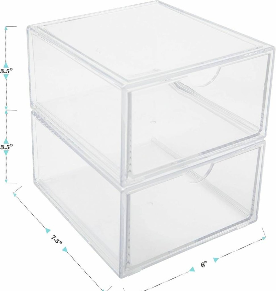 Martha Stewart Clear Stackable Desk Organizer with Drawer, 2-Pack Plastic Storage Box for Office, Bathroom, Countertop or Dorm, 6" x 7.5