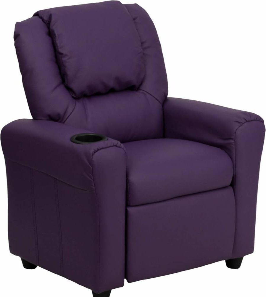 Flash Furniture White Vana Vinyl Kids Recliner with Cup Holder & Headrest - Safety Recline, Supports 90 lbs, Modern Children's Chair