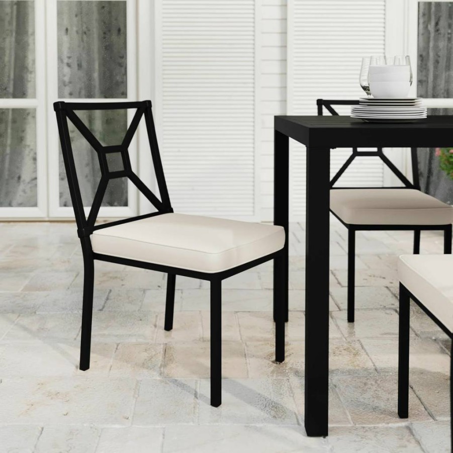Martha Stewart Black Stackable Patio Chair with Cream Cushion - All-Weather Steel Frame & Elevated Backrest Design