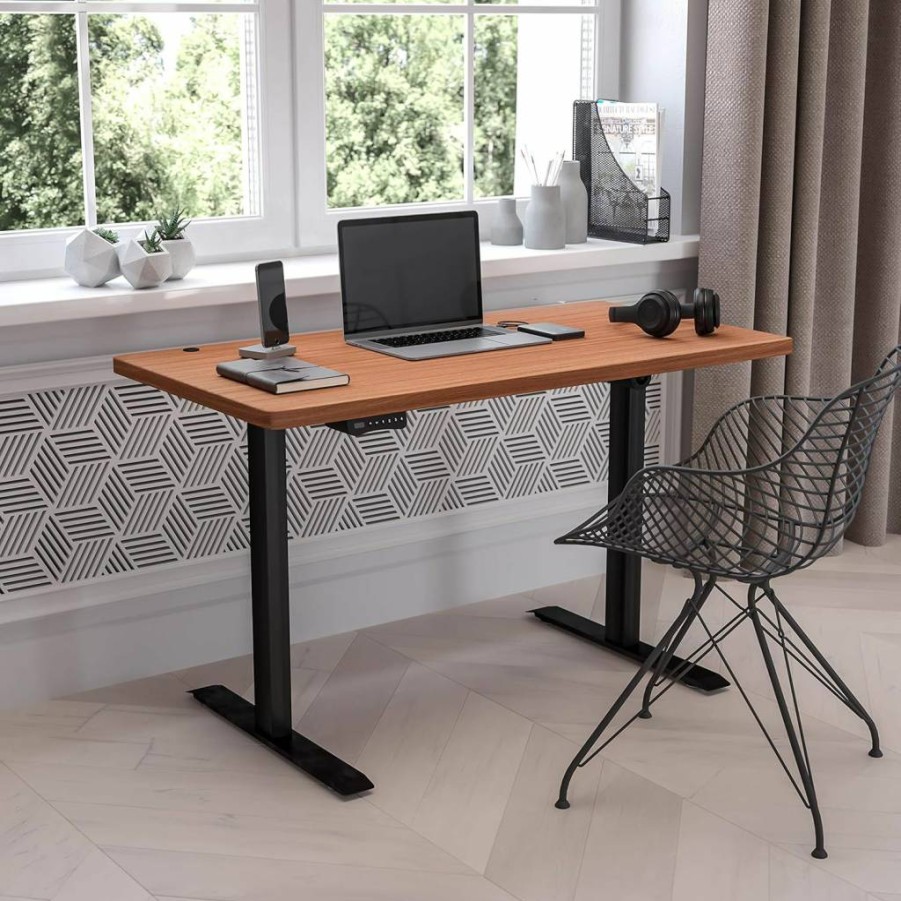 Flash Furniture 48" Electric Standing Desk - Adjustable Height, Mahogany Table Top, 24" Depth