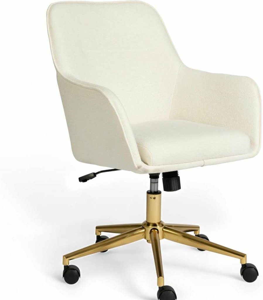 Martha Stewart Rayna Swivel Office Chair - Saddle Brown Faux Leather with Oil-Rubbed Bronze Frame, Flared Arms, Ergonomic Home Office Task Chair