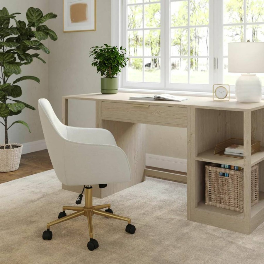 Martha Stewart Rayna Swivel Office Chair - Saddle Brown Faux Leather with Oil-Rubbed Bronze Frame, Flared Arms, Ergonomic Home Office Task Chair