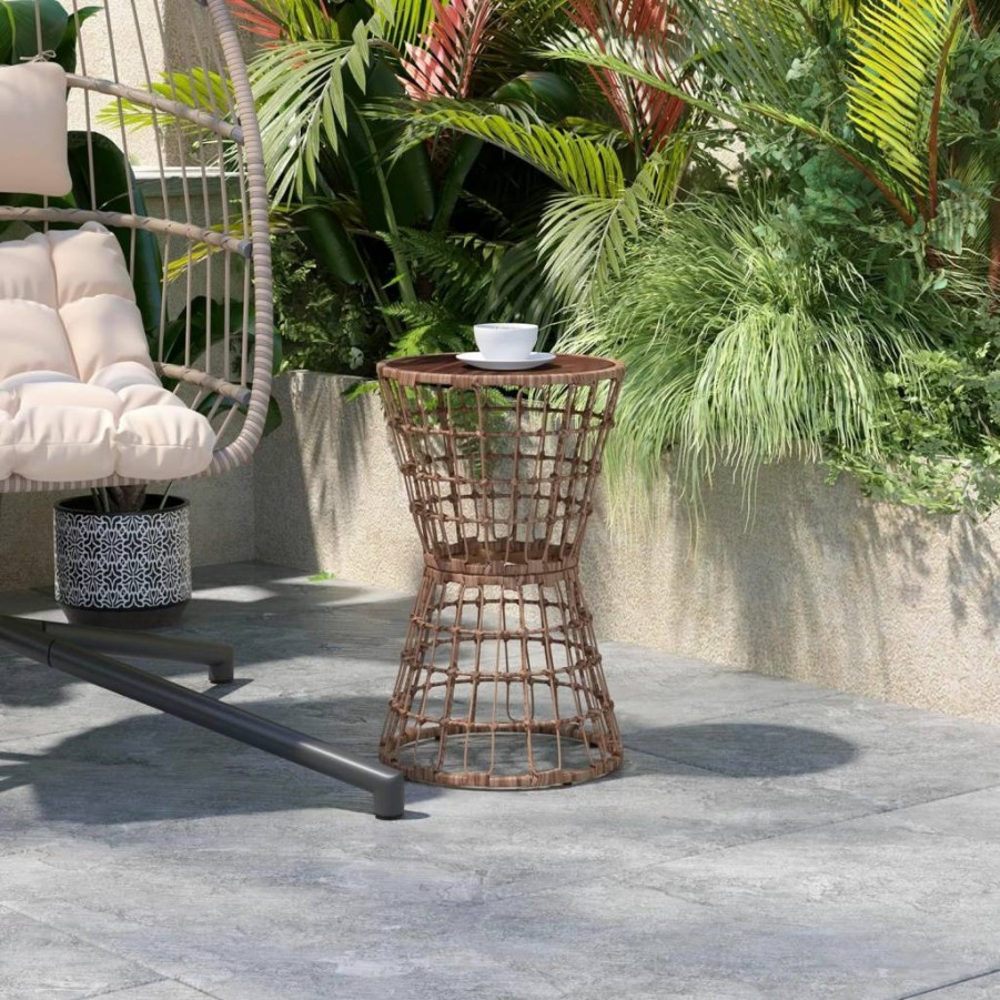 Flash Furniture Devon Indoor Outdoor Rattan Table - Black Wood Top, Weather Resistant Polyethylene Rope, Natural Finish