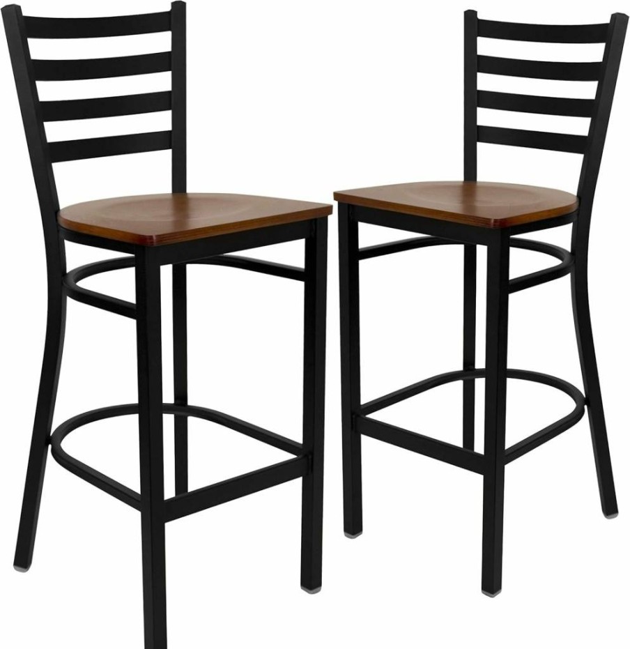 Flash Furniture 2-Pack Black Hercules Series Metal Bar Stools with Vinyl Ladder Back Seats for Restaurant or Home Bar