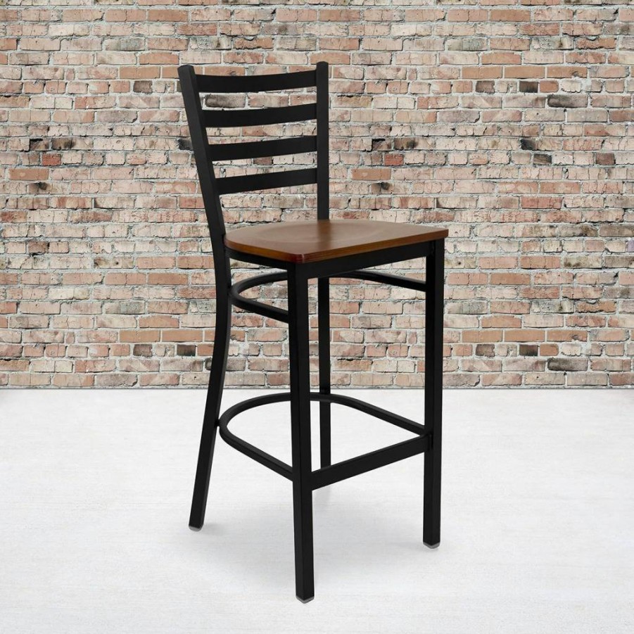 Flash Furniture 2-Pack Black Hercules Series Metal Bar Stools with Vinyl Ladder Back Seats for Restaurant or Home Bar