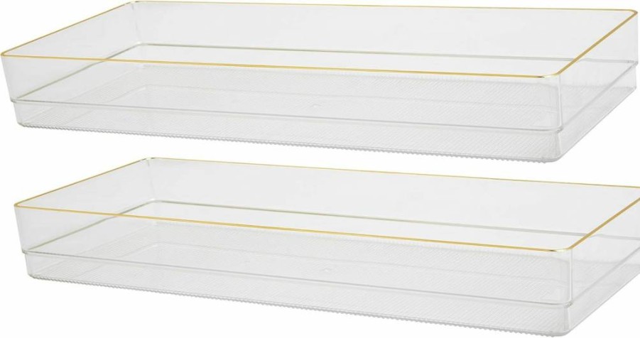 Martha Stewart Stackable Desk Drawer Organizers with Gold Trim - 3 Pack, 9x6 Inches, Plastic Office Storage Bins for Home & Workspace