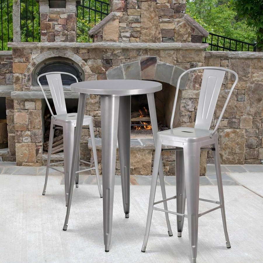 Flash Furniture 24" Round White Metal Bar Table Set with 2 Stools - Indoor-Outdoor Commercial Grade Cafe Height Dining