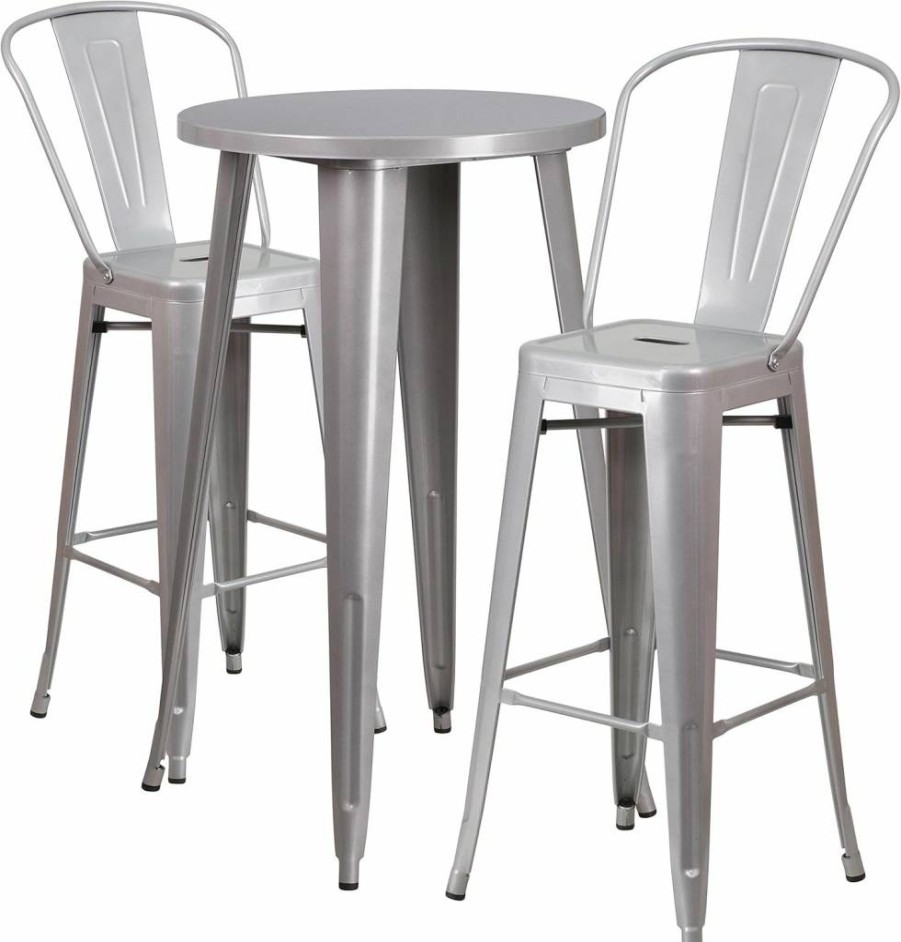 Flash Furniture 24" Round White Metal Bar Table Set with 2 Stools - Indoor-Outdoor Commercial Grade Cafe Height Dining