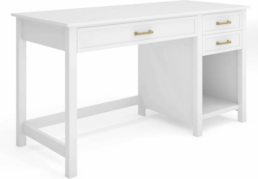 Martha Stewart White Shaker Style Home Office Desk with 2 Drawers and Polished Brass Hardware