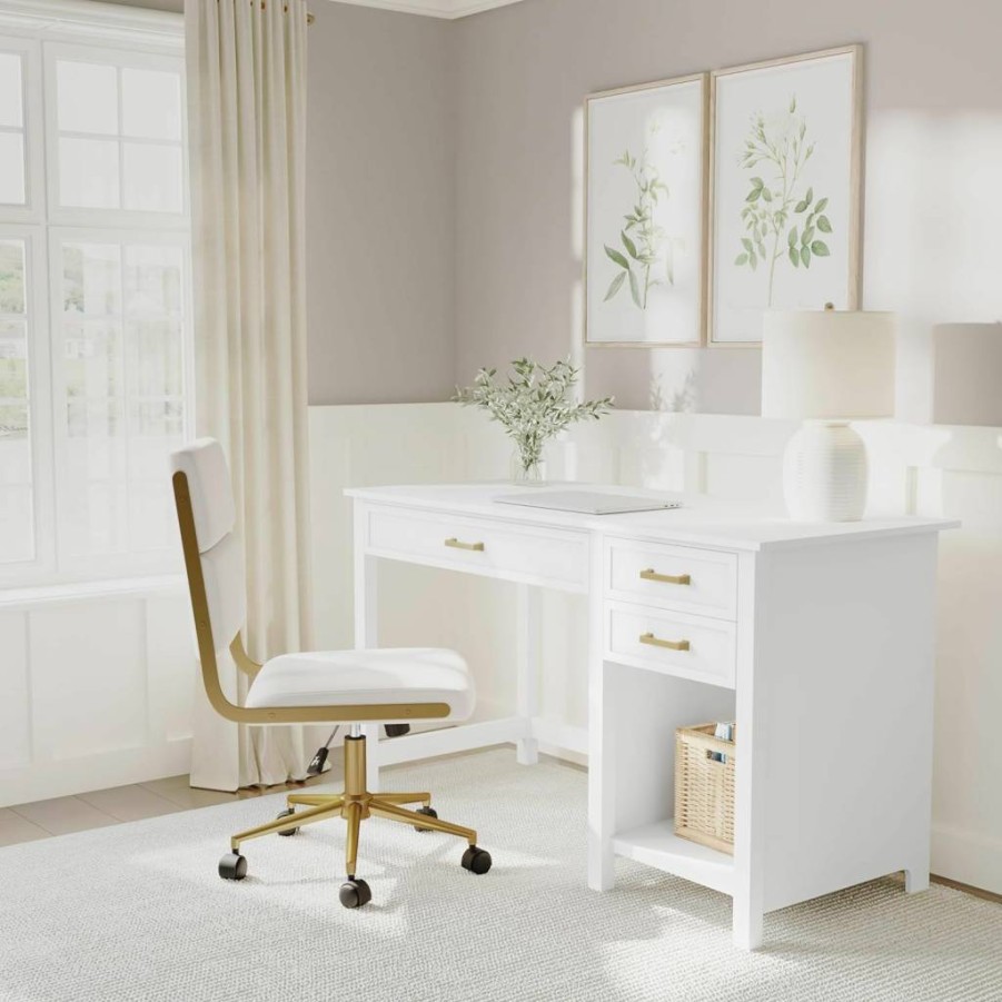 Martha Stewart White Shaker Style Home Office Desk with 2 Drawers and Polished Brass Hardware