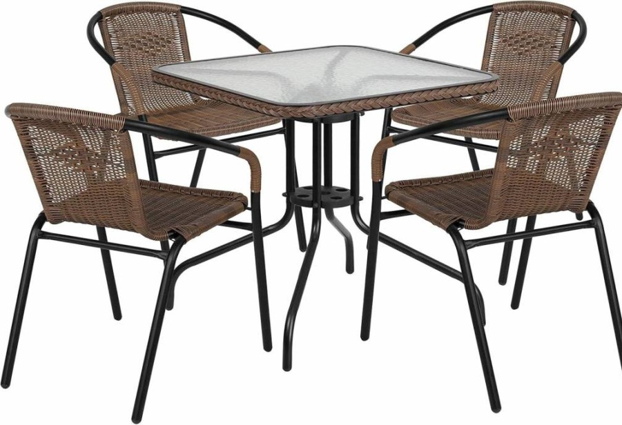 Flash Furniture 28" Square Glass Dining Table with Black Rattan Edge & 2 Stackable Rattan Chairs, Modern Lila Collection