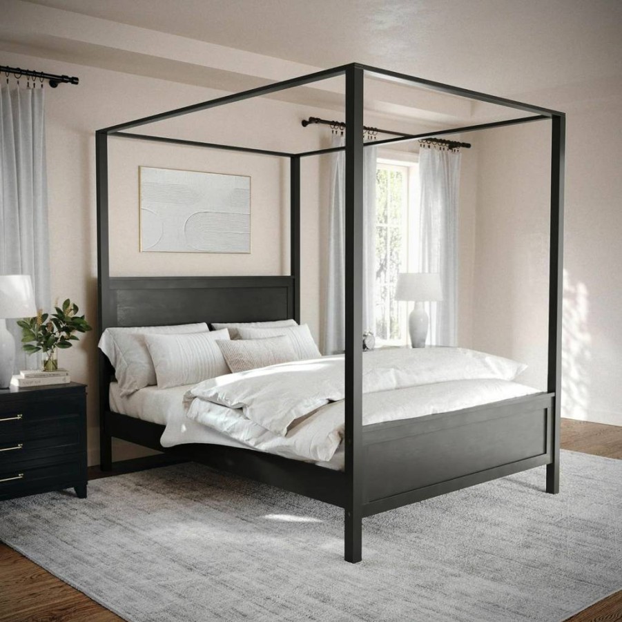 Martha Stewart Hayes Queen Canopy Bed with Solid Wood Frame, Wood Headboard & Footboard, Dark Gray - No Box Spring Required
