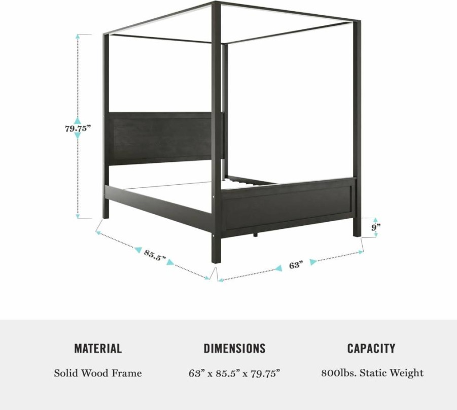 Martha Stewart Hayes Queen Canopy Bed with Solid Wood Frame, Wood Headboard & Footboard, Dark Gray - No Box Spring Required