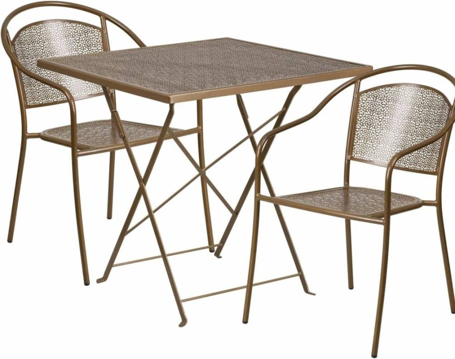 Flash Furniture 28" Square White Steel Folding Table Set with 2 Round Back Chairs for Indoor-Outdoor Patio Use