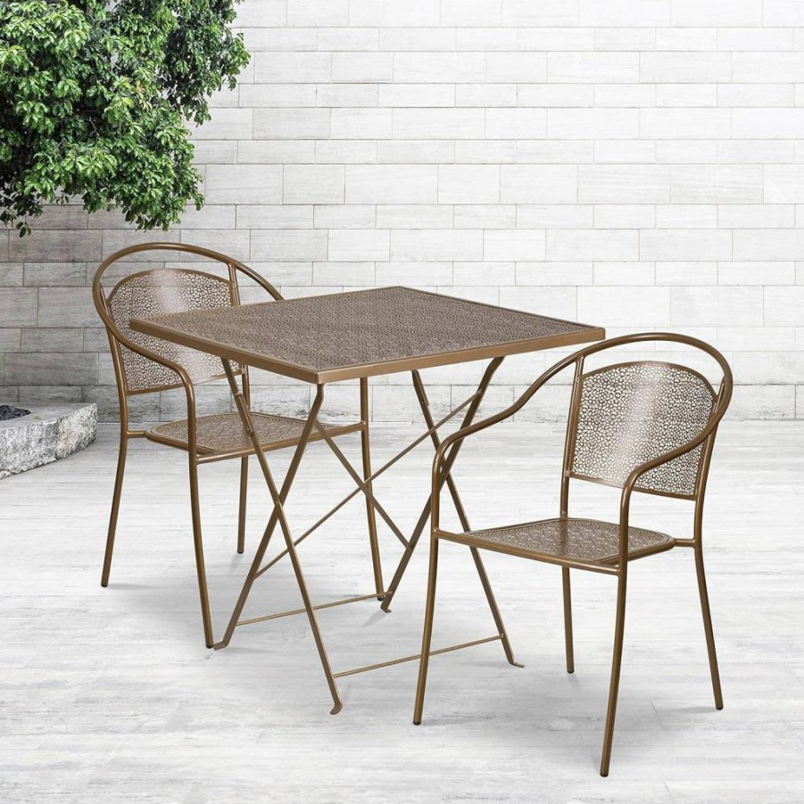 Flash Furniture 28" Square White Steel Folding Table Set with 2 Round Back Chairs for Indoor-Outdoor Patio Use