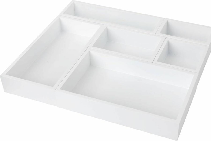 Martha Stewart Enzo 6-Piece White Wooden Desk Drawer Organizer Set, Engineered Wood Storage Solutions in Multiple Sizes