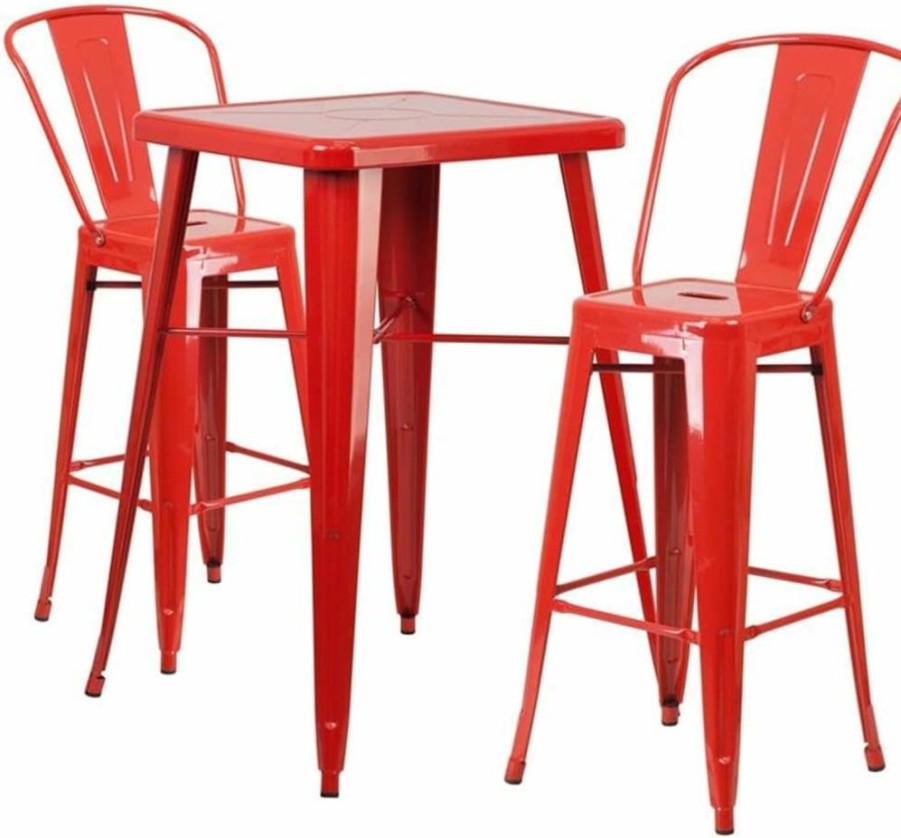 Flash Furniture 24" Square Yellow Metal Bar Table Set with 2 Backed Stools for Indoor-Outdoor Use