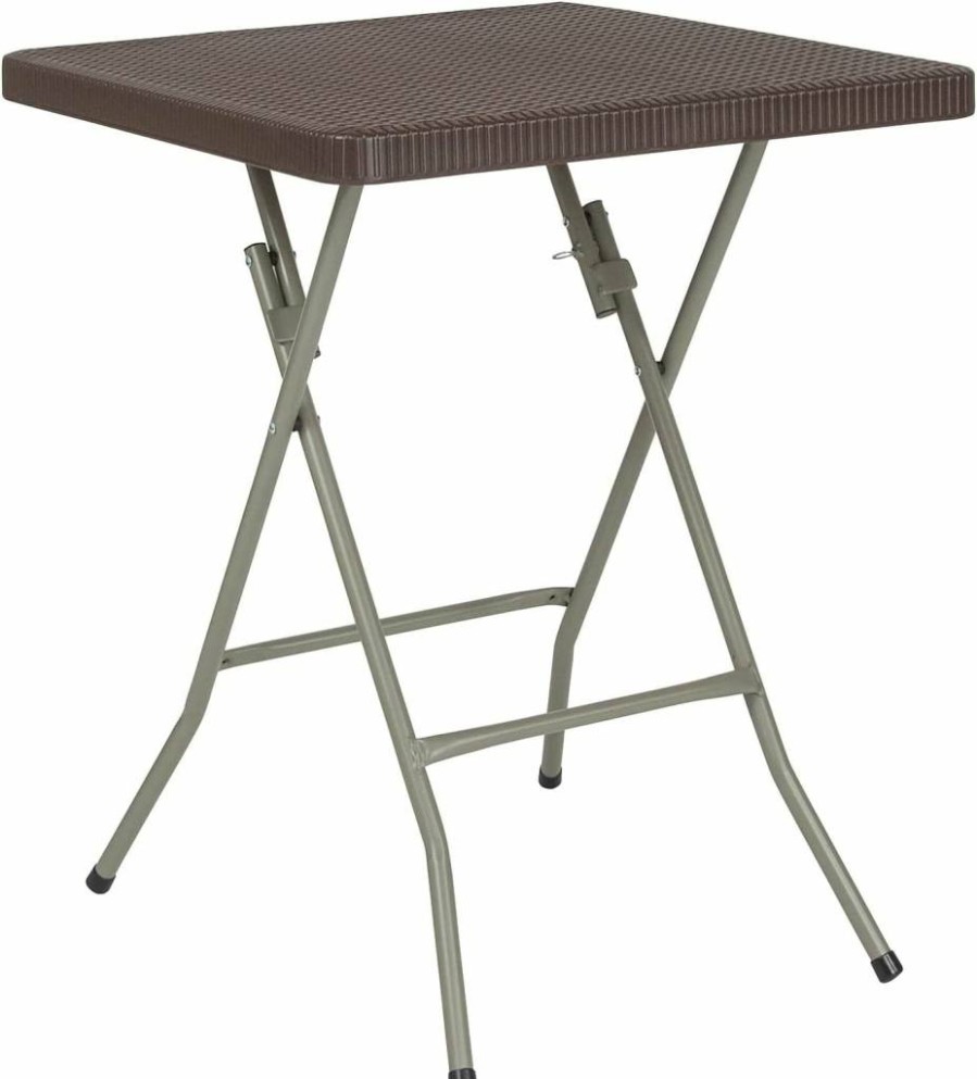 Flash Furniture Linburgh 1.95-Foot Square Folding Table - Brown Rattan Plastic, Portable Indoor Outdoor Use