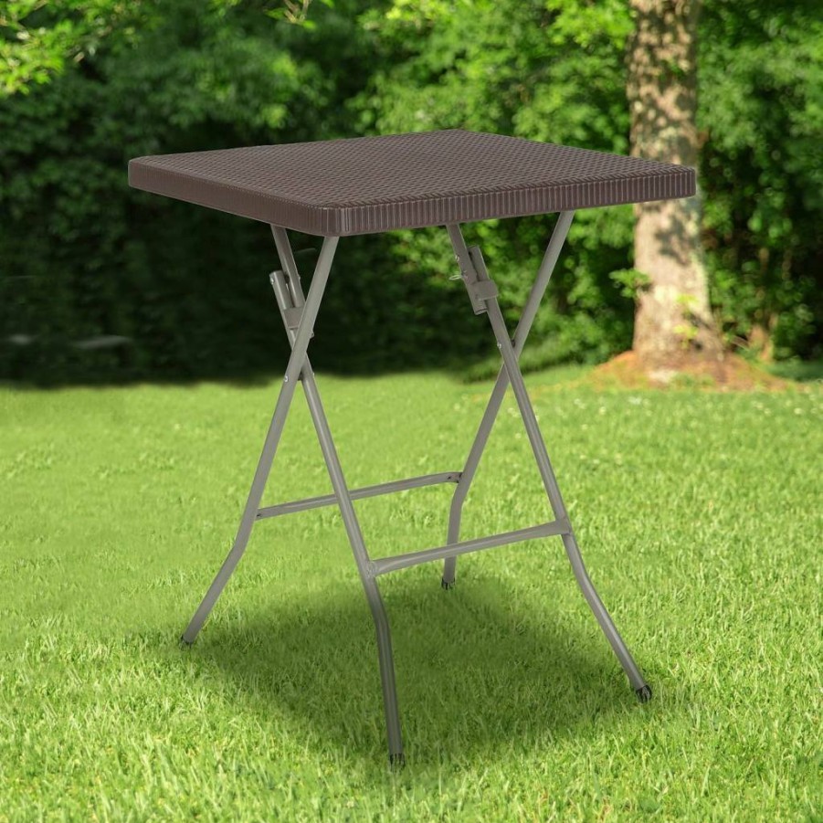 Flash Furniture Linburgh 1.95-Foot Square Folding Table - Brown Rattan Plastic, Portable Indoor Outdoor Use