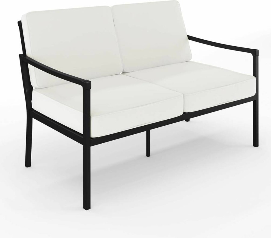 Martha Stewart Black All-Weather Patio Loveseat with Cream Cushions, Steel Frame & Elevated Backrest Design for Outdoor Comfort