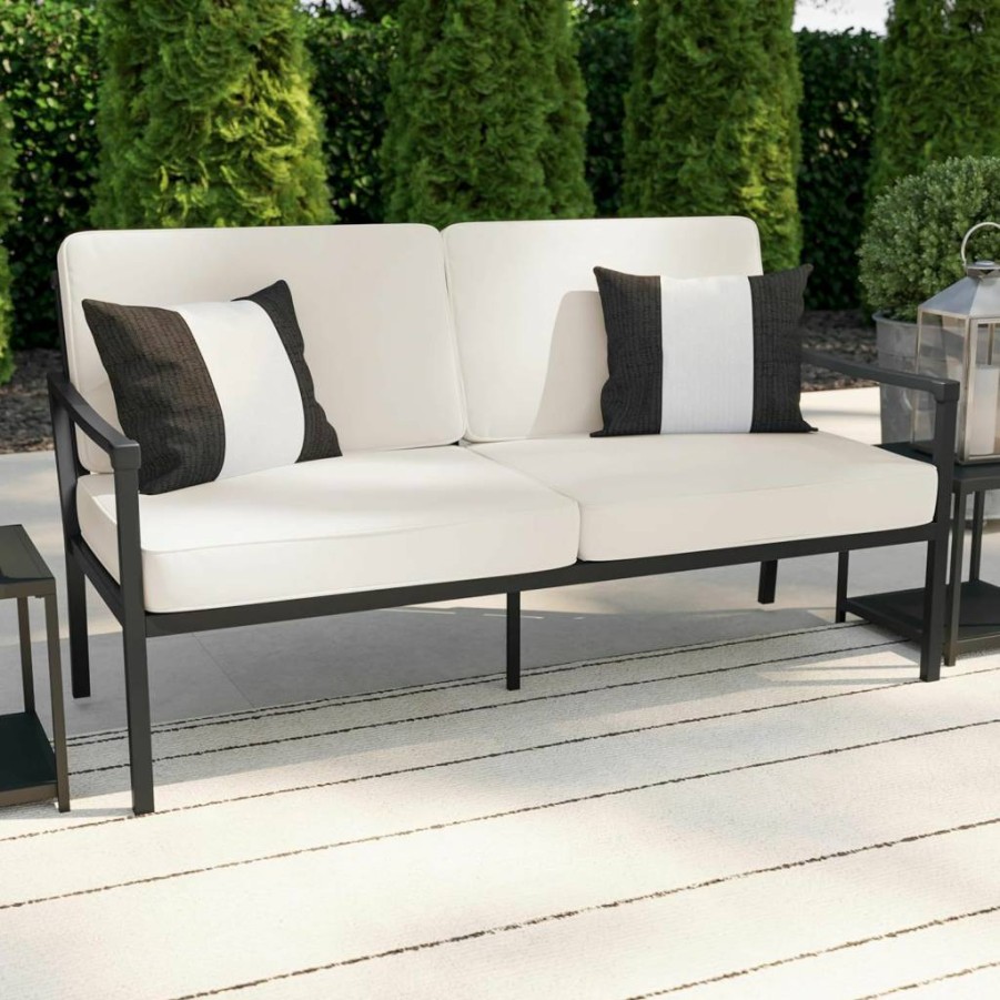 Martha Stewart Black All-Weather Patio Loveseat with Cream Cushions, Steel Frame & Elevated Backrest Design for Outdoor Comfort