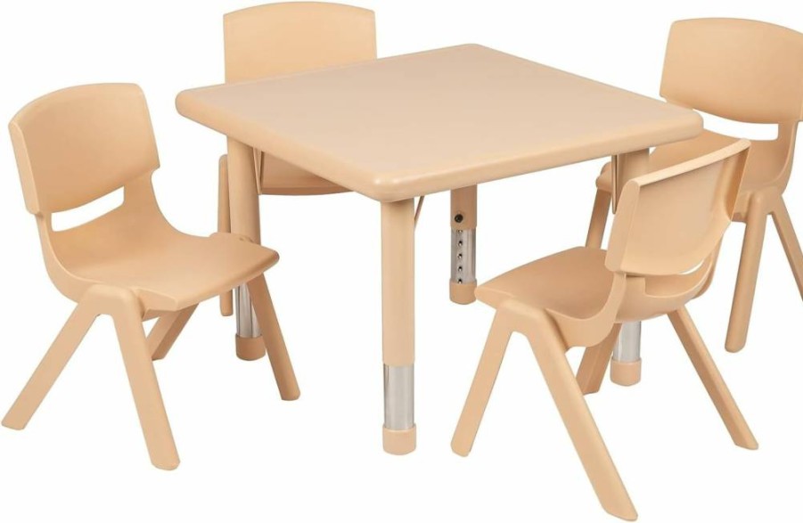 Flash Furniture 24-Inch Square Adjustable Kids Activity Table Set with 4 Chairs, Natural Plastic Height-Adjustable Children's Play Table