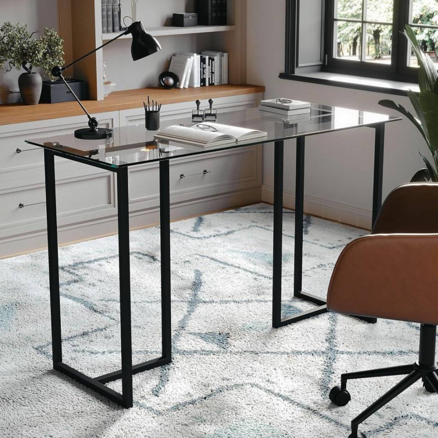 Martha Stewart Eli Home Office Desk - Polished Brass Steel Frame with Tempered Glass Top, Modern Writing Desk for Workspace