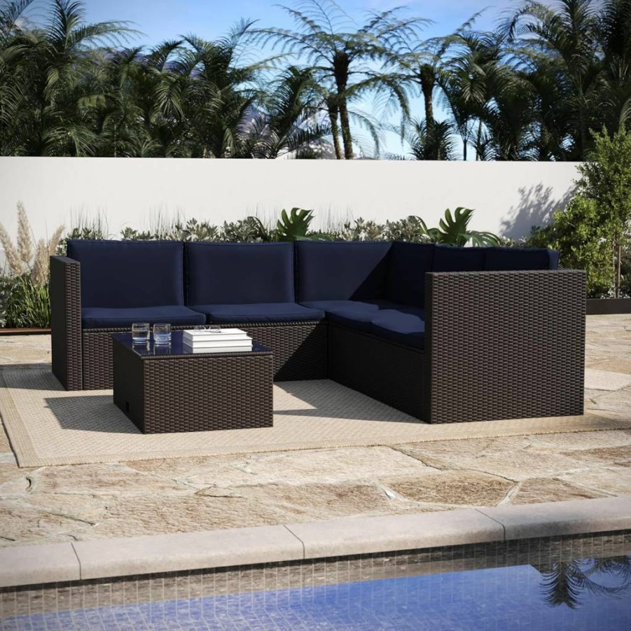 Flash Furniture Gray L-Shaped Patio Sectional with Wicker PE Rattan Frame, Lift-Top Coffee Table Storage & Cushions