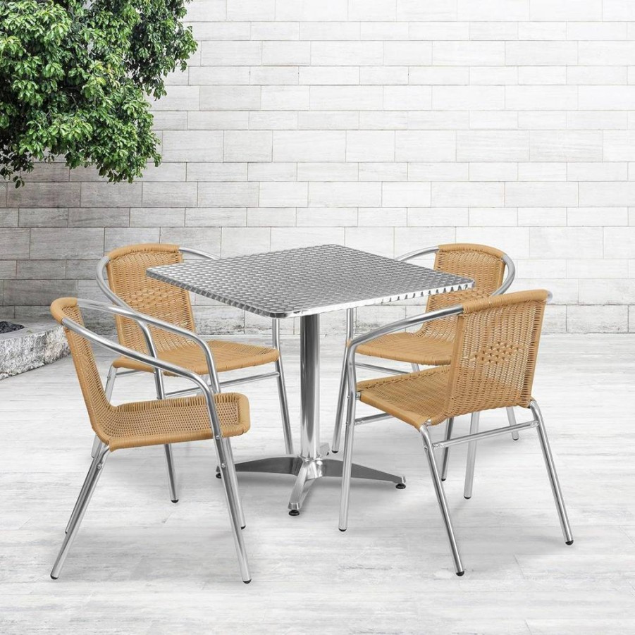 Flash Furniture 31.5" Square Aluminum Patio Dining Set with 4 Dark Brown Wicker Chairs for Indoor Outdoor Use